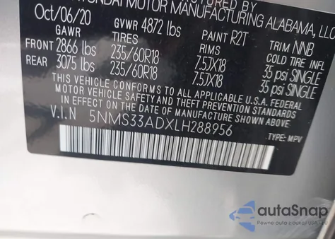 2020 Hyundai Santa Fe Sel from USA, damaged, VIN 5NMS33ADXLH288956